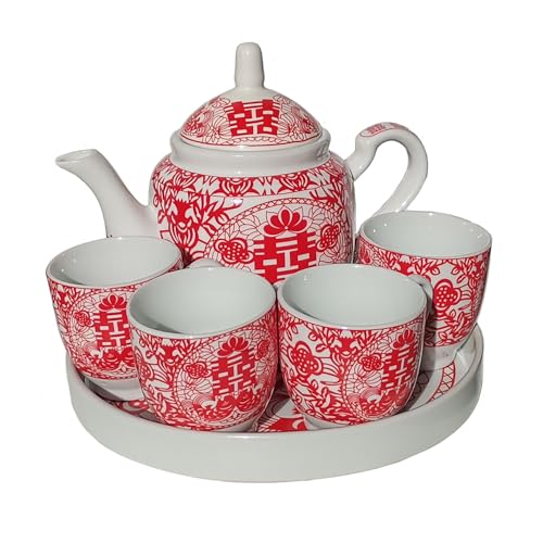 Image of Chinese Tea Gift Set Service Porcelain Tea Pot 4 Cups tray for Adults Men Women Tea Ceremony Wedding Party Home Decor (Double Happiness S)