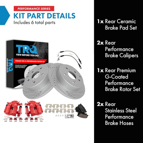 Image of TRQ Performance Rear Brake Pad and Rotor Set Ceramic Slotted Drilled Coated