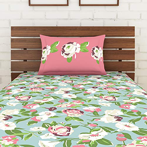 Image of Spaces Atrium Plus 210 TC 100% Cotton Single Bedsheet with 1 Pillow Cover (Ornate, 60 inch X 88 inch Inches) - Light Blue