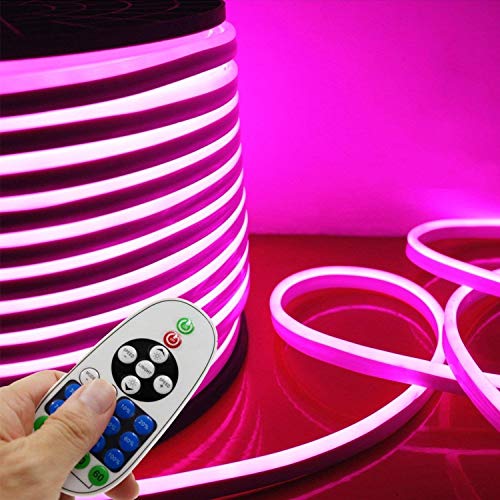LED NEON Light, IEKOV AC 110-120V Flexible LED Neon Strip Lights, 120 LEDs/M, Dimmable, Waterproof 2835 SMD LED Rope Light + Remote Controller for Party Decoration (98.4ft/30m, Pink)