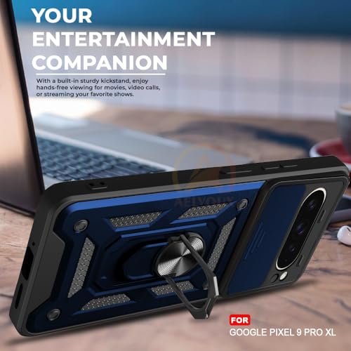 Image of Armor Bumper Back Cover Case for Google Pixel 9 Pro XL Rotating Camera Cover, Ring Holder & Kickstand | Heavy Duty & 360 Degree Protection Google Pixel 9 Pro XL Back Cover (Blue)