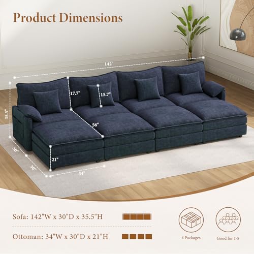 Image of Vesgantti 142 inch Oversized Sectional Sofa Bed, 8-Seater Modular Sleeper Cloud Couch with Movable Ottoman, Chenille Convertible Sofa Set Deep Seat Couches for Living Room, Bedroom and Apartment, Blue