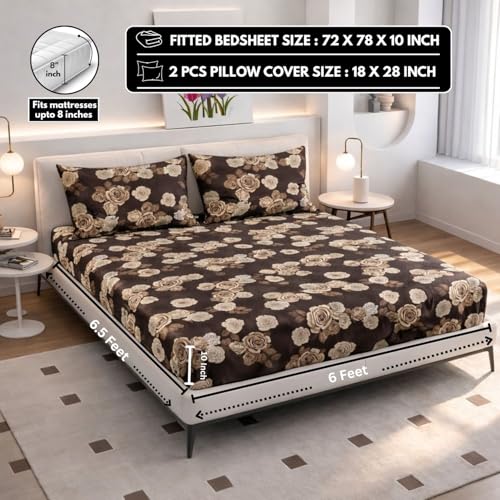 Image of Elastic Fitted King Size Bedsheet Cotton for Double Bed | 72 inchx78 inch +10 Inch, Floral, Soft & Breathable, Fade & Shrink Resistant, 2 Pillow Covers | Cocoa Rose Charm, Chocolate Brown