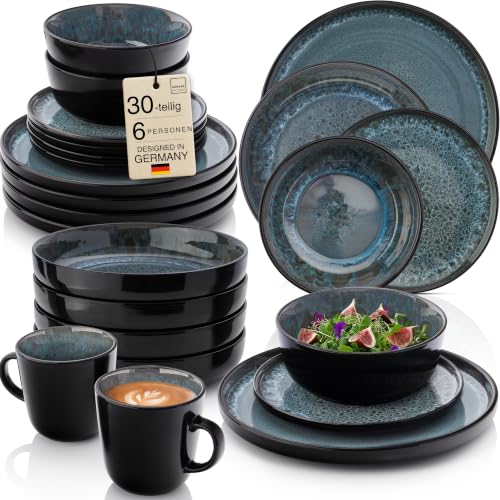 SÄNGER Manila | Kombiservice 6 Personen Teller Set Kaffeebecher Pastaschale 30 tlg Steingut Geschirr Set spülmaschinen- mikrowellen- kratzfest Geschirrset blau mit schwarzem Rand | VALUE COLLECTION