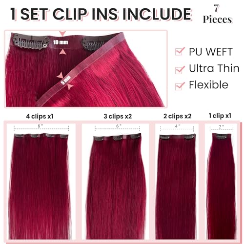 Image of Hair Extensions Burgundy Clip in Hair Extension Real Human Hair Clip on Hair Extensions for Women 18 Inch 100G 7 Pcs