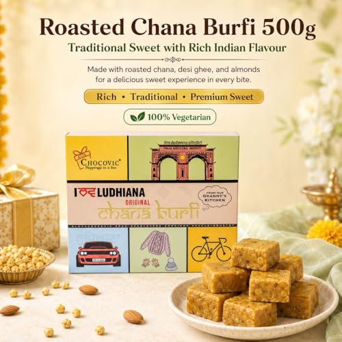 Image of Chocovic Roasted Chana Burfi 500g Eco Box | Premium Indian Sweet Made with Finest Chickpea Flour & Assorted Nuts | No Added Colours, Preservatives or Flavours | Vegetarian Traditional Mithai