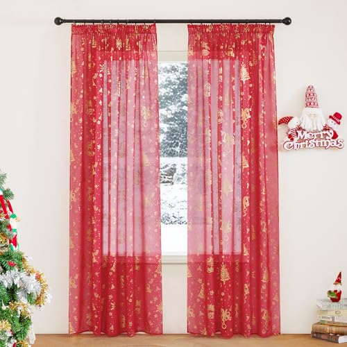 PONY DANCE Rote Weihnachtsgardine Transparent Weihnachten Vorhänge mit Kräuselband für Schiene 2er Set Wohnzimmer Gardinen Weihnachtsmotiv Sheer Curtains for Living Room, H 245 x B 140 cm