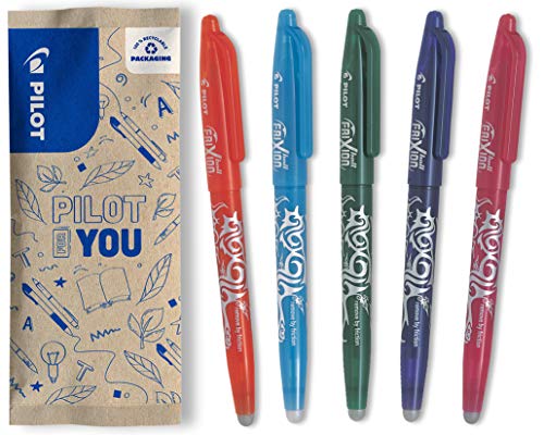 PILOT - Lot de 5 Frixion Ball - Stylo effaçable à encre thermosensible - Stylo roller rechargeable avec du plastique recyclé - 1 Orange, 1 Turquoise, 1 Bleu, 1 Vert, 1 Rose - Pointe moyenne