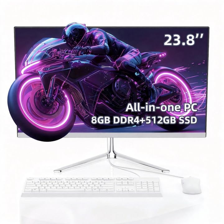 Image of All-in-One Desktop Computer, 23.8-inch,N100 Quad-Core Processor, 8GB DDR4 RAM, 512GB SSD, Windows 11, White, Includes Keyboard and Mouse