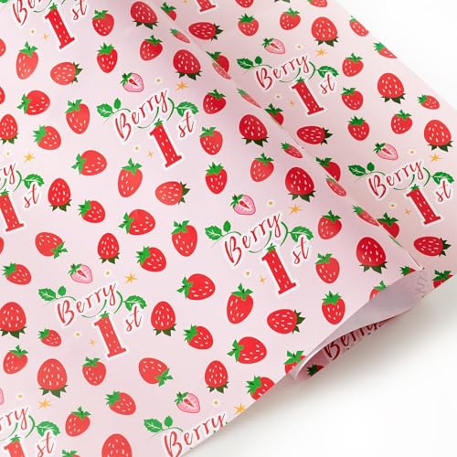 WERNNSAI Strawberry Wrapping Paper - 6 Sheets 27.5 x 19.7 1st Birthday Gift Packing Supply Pink Baby Shower Wrapping Paper for New Born Baby Decoration Christening