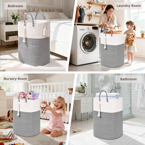 Woven Laundry Basket for Clothes, 65L Large Rectangle Laundry Hampers with Beads Tassel, Nursery Storage Basket for Toys, Tall Dirty Clothes Hamper for Bedroom Aesthetic, Laundry Room Organization by WENMER - Image 5