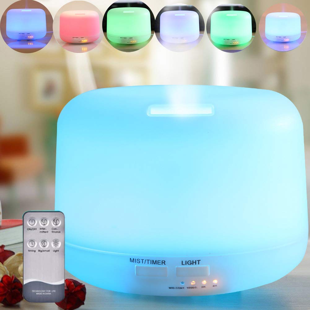 300mL/500mL Ultrasonic Air Humidifier with Waterless Automatically Shut-Off, 7 Colorful LED Lights, Aromatherapy Essential Oil Diffuser for Home, Office, Bedroom, Baby Room, SPA (500ML)