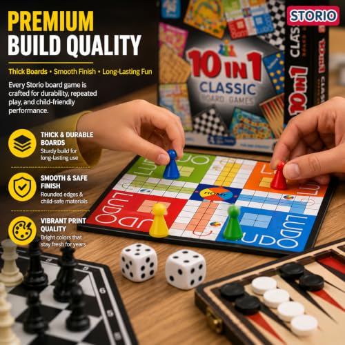 Image of Storio 10-in-1 Classic Board Games for Kids 5+ Years | Chess, Ludo, Snakes & Ladders, Checkers, Backgammon & More | Family Board Game Set with Dice & Pawns | Educational Indoor Game for Boys & Girls
