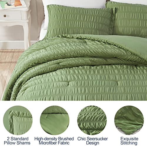 Walensee King Seersucker Comforter Set 100% Polyester Soft Washable Microfiber Bed Comforters With 2 Pillowshams, Lightweight Cozy Bedding Comforter Sets For All Season 3 Pieces 104"X90", Olive Green #TOP2