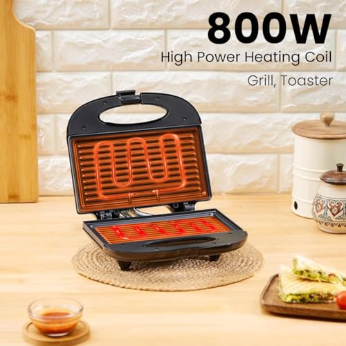 Image of INALSA Grill Toaster with SS Cover On Top Cover|Over Heat Protection|Vertical Storage|Easy Locking|Non Stick Coated Heating Plates (Presto DX),800 Watts,Black