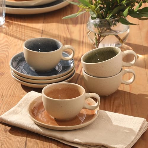 Image of Gibson Elite Manila Bay 8-Piece Stoneware 5 oz Cup and Saucer Set, Reactive Glaze Espresso & Coffee Cups with Saucers, Assorted Colors