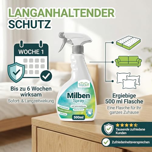 HomeBugProtect Milbenspray 500ml - Anti Milben Spray gegen Hausstaubmilben, Milbenspray für Matratzen als effektiver Schutz für Allergiker auch im Umfeld von Hunden und Katzen