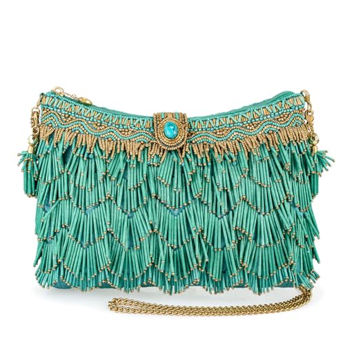 Mary Frances Shimmy Beaded Fringe Clutch Handbag – Boho Vegan Crossbody Purse with Zipper & Magnet Closure, Turquoise