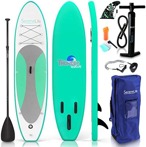 SereneLife Inflatable Stand Up Paddle Board - Wide Stable Design, Non-Slip Deck for Adults & Youth with Premium Paddle Board Accessories: Carry Bag, Dual Action Pump, Paddle, Ankle Leash - 10