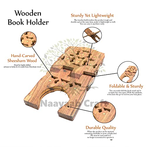 Image of Naayaab Craft Handmade & Handcraft Sheesham Wooden Book Holder Display Stand Folding Religious Prayer Free Reading Stand with Intricate Carvings, Rehal for Religious Holy Books - Size (12 Inch)