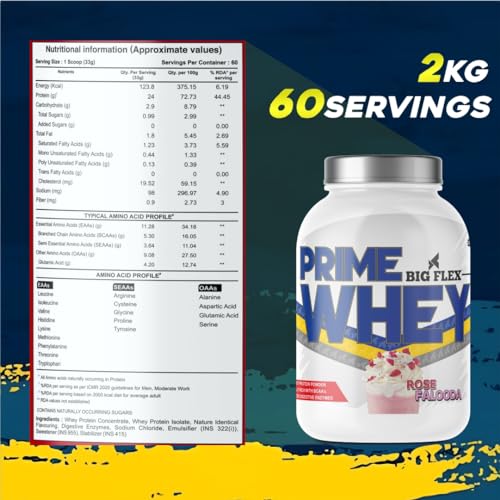 Image of Bigflex Prime Whey Protein 2Kg ROSE FALOODA | 24g Protein Per Serving | 5.3g BCAA | No Added Sugar | Faster Muscle Recovery & Improved Strength 60 Servings.