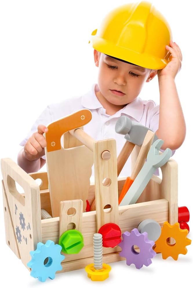 Practical Life Wooden Twisting On and Off Screws Bolts Screw Driver Nuts Bolt Tool kit Box Pincer Grip Grasp Educational STEM Construction Toy for Boy Girl 3 4 5 6 7 Years Old Gift