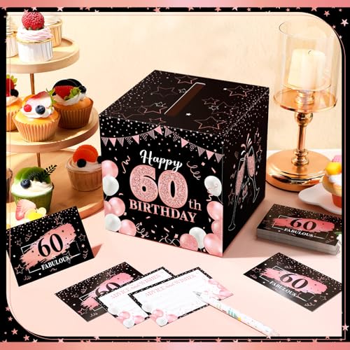 Image of Funrous 60th Birthday Party Message Card Box Cheers to 60 Years Black Rose Gold Advice and Wishes Greeting Card Box for Men Women Birthday Decorations Party Supplies Anniversary Tables Sign Decor
