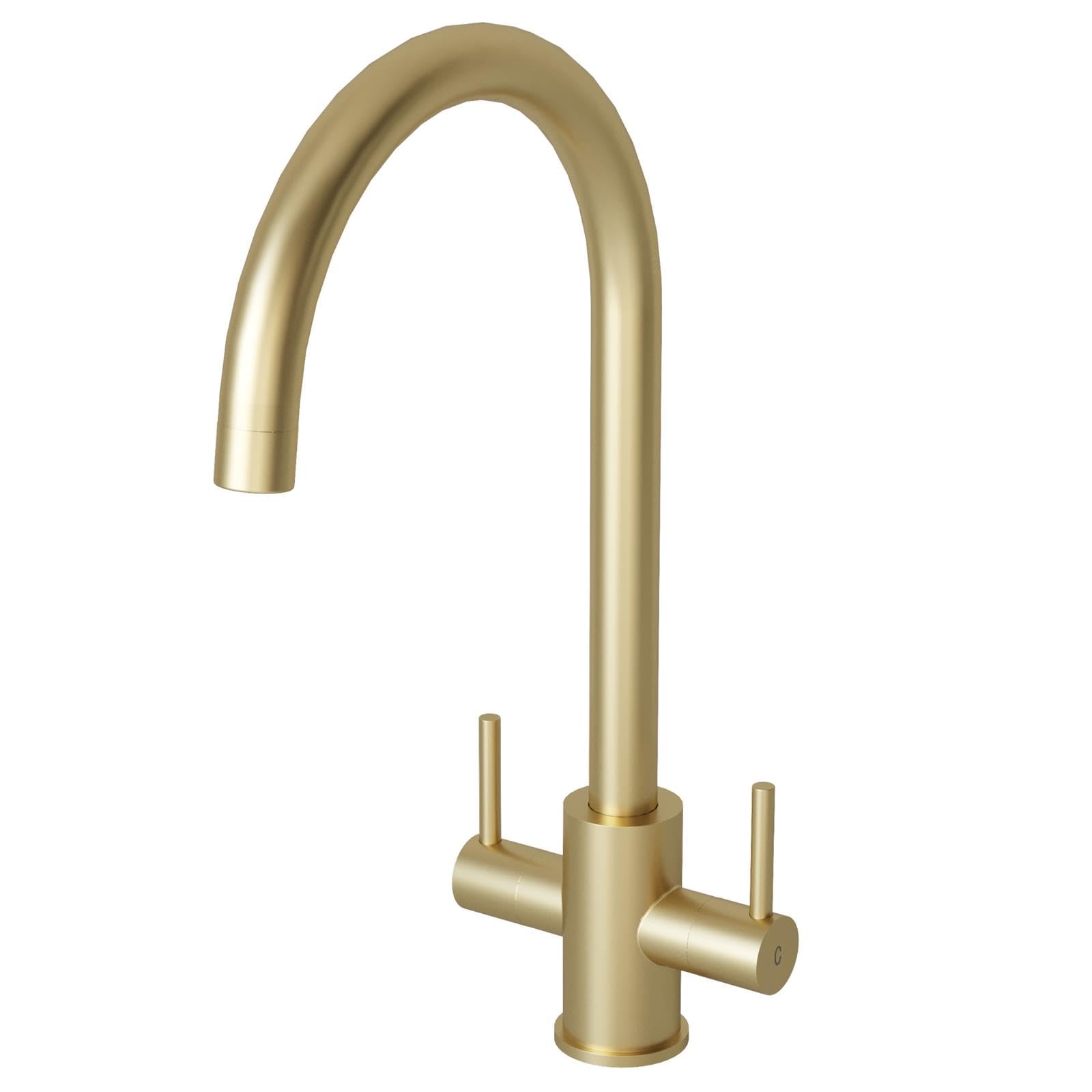 Liquida Brass Ad399br Swan Neck Twin Lever Kitchen Mixer Tap In Brushed