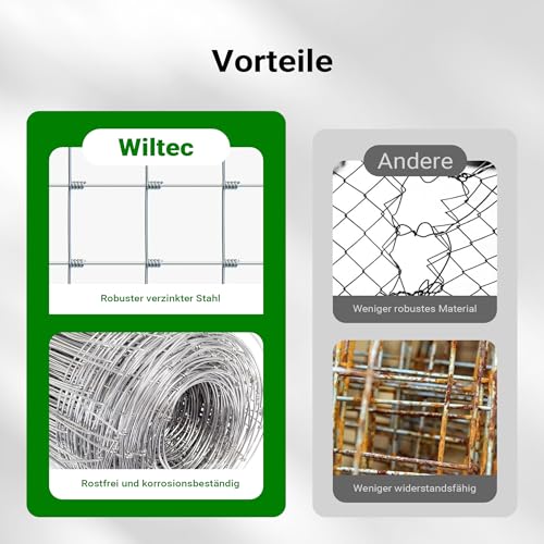 Wiltec Wildzaun 100/08/15 50 m lang, 100 cm hoch, 8 Drahtreihen, 15 cm Maschenbreite, Weidezaun aus Knotengeflecht, Drahtzaun z. B. für Forst- und Landwirtschaft