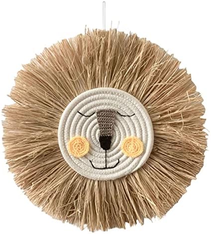 ZHJBD Lion Straw Wall Hanging Decor Round Tapestry Animal Head Rattan Hand-Made for Garden Home Children's Room Living Room Decorative - Bcoding/869 (Color : A)