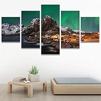 5 Panel Canvas Wall Art Hamnoy Nothern Lights Pictures Modern Artwork for Home Decorations Ready to Hang - 60