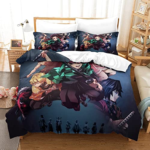 Juego de Funda nórdica Demon Slayer Juego de Ropa de Cama Divertido Decoración de Dormitorio Personajes de Anime 3D Fundas de edredón Suave con Funda de Almohada Juego de 3 Piezas King (220x240cm) Cover
