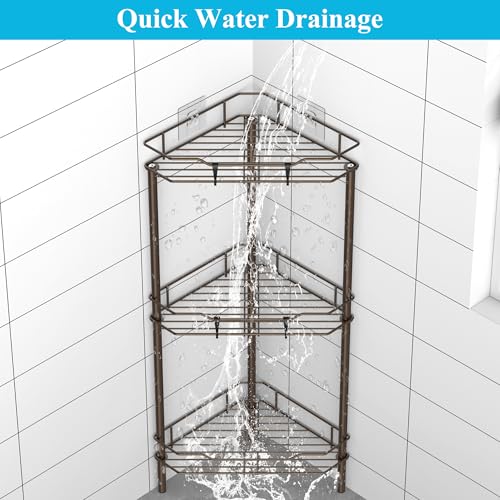 Image of HuggieGems 3 Tier Floor Standing Corner Shower Caddy Organizer Shelf with Hooks, Bathroom Shelves Stand Rack, Bronze