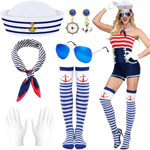 SummitEdge Matrosen Kostüm Damen Set, Matrosenmütze Sonnenbrille Gestreifte Socken Schal Weiße Handschuhe Matrosen Accessoires Kapitänsmütze...