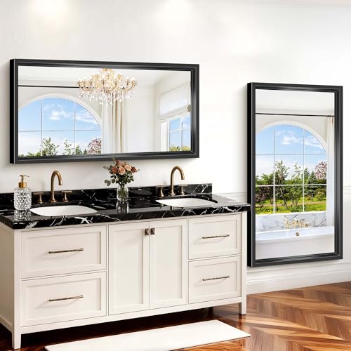 Image of Bathroom Mirror, 30 x 55 Inch Brushed Black Rectangle Mirror, 0.6 inch Thickened Deep Metal Frame Mirrors for Wall Over Sink, Shatterproof Tempered Glass, Antirust, Horizontally or Vertically