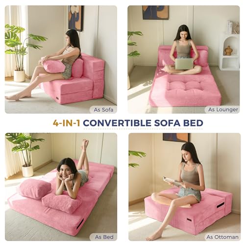 Image of MAXYOYO Convertible Sofa Bed, Fold Out Sofa Couch with Pillow, 4 in 1 Tufted Folding Couch Bed Foam Floor Couch, Lazy Chair for Living Room Bedroom Guest Room, Pink