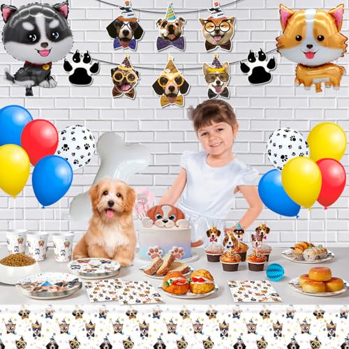 Welpen-Motto-Party-Dekorationen, Welpen Kindergeburtstag Deko & Hund Geburtstag Party Geschirr - Hund Geburtstag Teller Tischtuch Tassen & Happy Birthday Banner etc Hunde-Geburtstagsparty-Zubehör