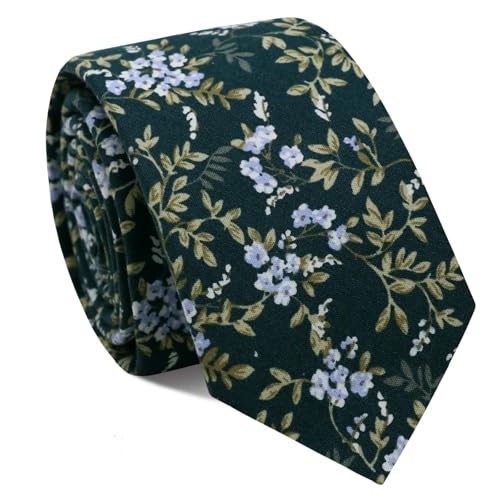 Mantieqingway Floral Ties for Men Cotton 2.75 Inches Mens Floral Tie Neckties for Weddings Party Daily Use T-shirt Suit (Dark Green)
