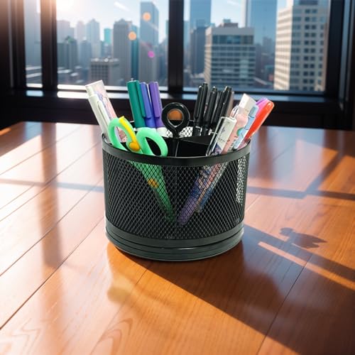 SETTFRFE-Rotating-PenPencil-Holder-for-DeskSupplies-Organizer-Pen-Caddy6-Compartments-Spinning-Multi-Functional-Large-Desktop-Pen-Container-OrganizerBlack-Metal-Mesh-Style