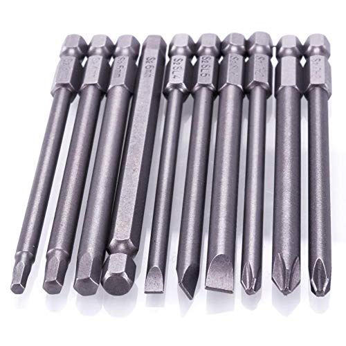 Rocaris 10pcs 1/4 Inch Hex Shank Long Magnetic Screwdriver Bits Set 100mm Power Tools (Slotted+Cross+Hex head)