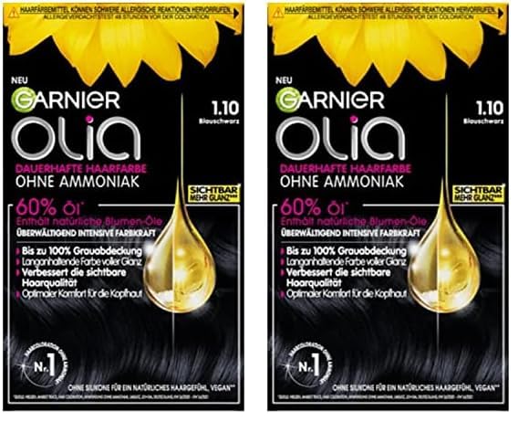Garnier Olia Dauerhafte Haarfarbe ohne Ammoniak, Mit pflegenden und natürlichen Ölen, Vollständige Grauhaarabdeckung, Permanente Coloration, Nr. 1.10 Blau, 1 Stück (Packung mit 2)