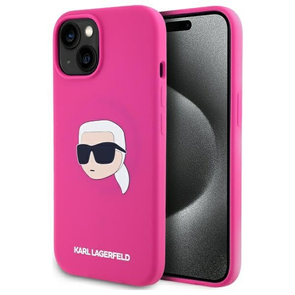 CG Mobile Karl Lagerfeld KLHMP15SSKHPPLF Coque pour iPhone 15 6,1 Pouces, Fuchsia, imprimé tête de Karl en Silicone sous Licence, Compatible avec MagSafe