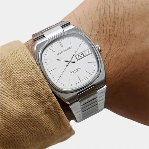 Image of AMERICANVIBER Men's Stainless Steel Classic Analog Watch, Casual & Business, with Cushion Case Dial and Day-Date Display