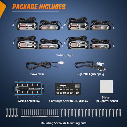 Image of Nilight 8PCS Led Strobe Lights with Controller 12 /24V Sync Feature Red Blue