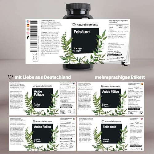 natural elements Folsäure – 400 Tabletten – 400 mcg pro Tagesdosis – Kinderwunsch und Schwangerschaft – vegan, hochdosiert, ohne unnötige Zusätze – in Deutschland produziert & laborgeprüft