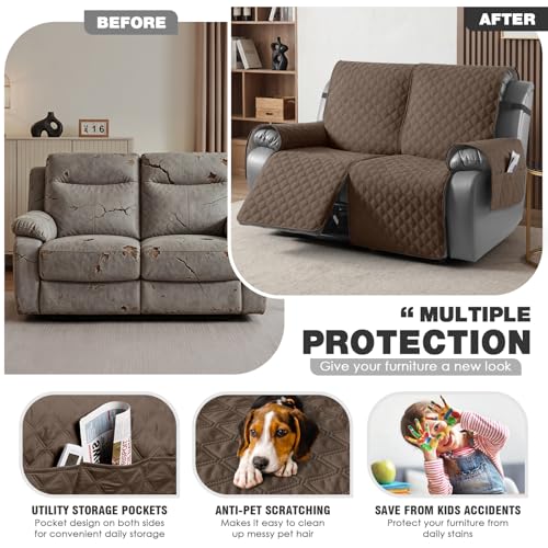 TAOCOCO 100% Waterproof Recliner Couch Covers, Recliner Sofa Covers with Leg Straps, 1-Piece Washable Reclining Sofa Cover with Pocket Couch Protector for Pets Kids(2 Seater, Brown) — view 3