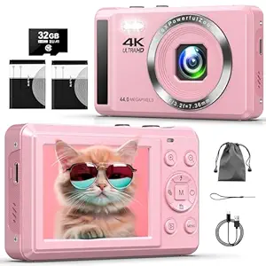Digital Camera - 4K 44MP UHD Digital Cameras for Photography - Autofocus Point and Shoot Vlogging Camera with 16X Zoom, 32GB SD Card, 2 Batteries - Compact Small Camera for Kids Teens Boys Girls