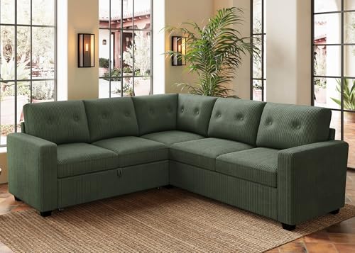 Image of HONBAY 83.4 Inch U-Shaped Sectional Sleeper Sofa with Pull-Out Bed, 5-Seater Sectional Sofa for Living Room, Pet-Resistant Corduroy Couch, Green