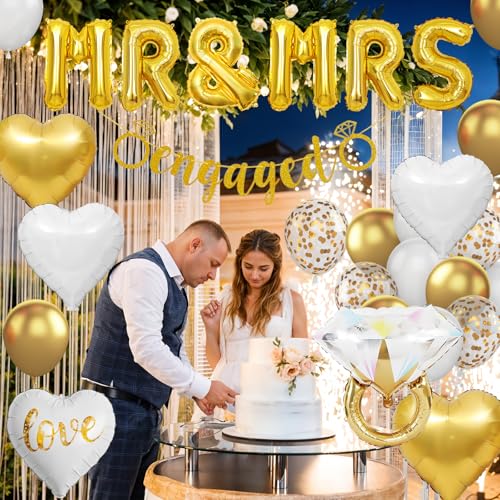 Image of Gold Engagement Party Decorations, MR and MRS Balloons Ring Foil Banner