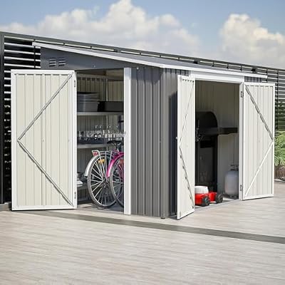 8x6 FT Outdoor Storage Shed with Sloping Roof, Lockable Double Doors & Adjustable Side Door, Weatherproof with Frame Floor, Compact Metal Tool Shed for Garden, Backyard and Patio
